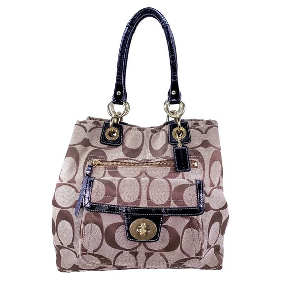 COACH Hampton Signature C Canvas Leather Dual Handle Handbag - J1077-F15689 - Picture 1 of 15